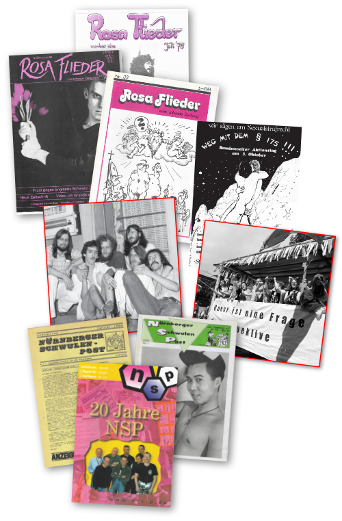 Collage schwuler Zeitschriften und Fotos aus dem Fliederlich-Archiv